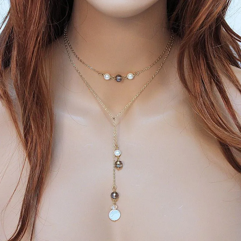 Long Gold Lariat Necklace Backdrop with Pearls and Crystals
