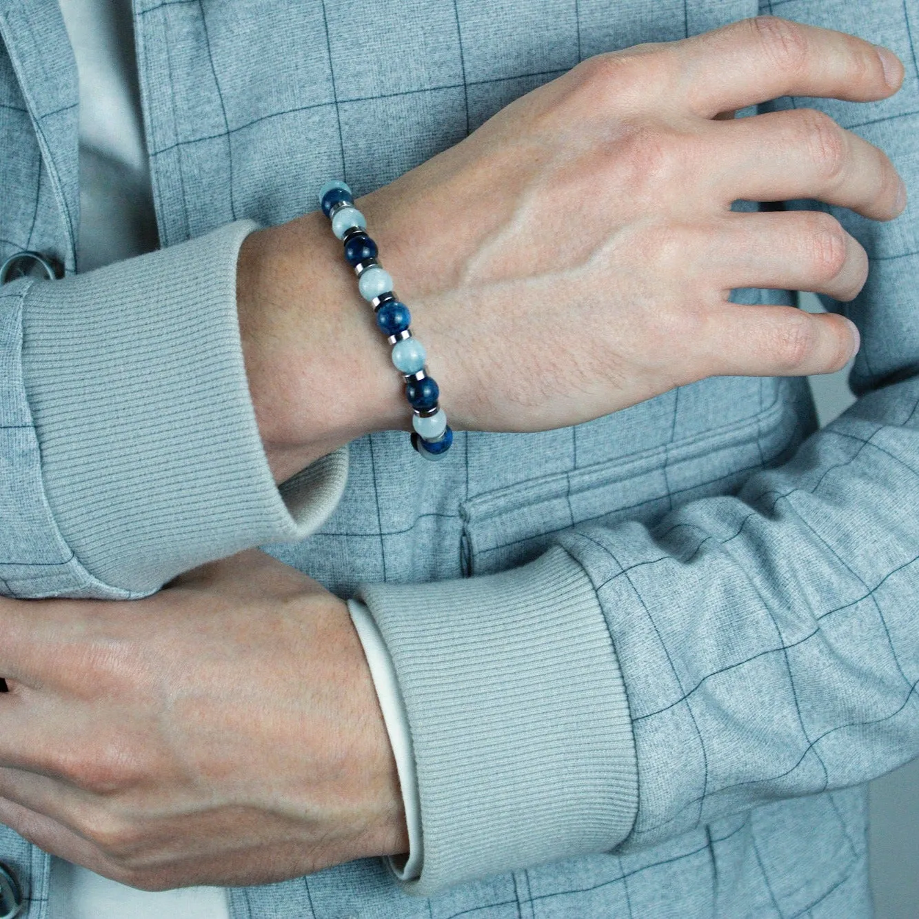 Men's Leadership Bracelet with Dumortierite Blue, Hematite, Aquamarine & Silver Steel for Growth