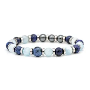 Men's Leadership Bracelet with Dumortierite Blue, Hematite, Aquamarine & Silver Steel for Growth