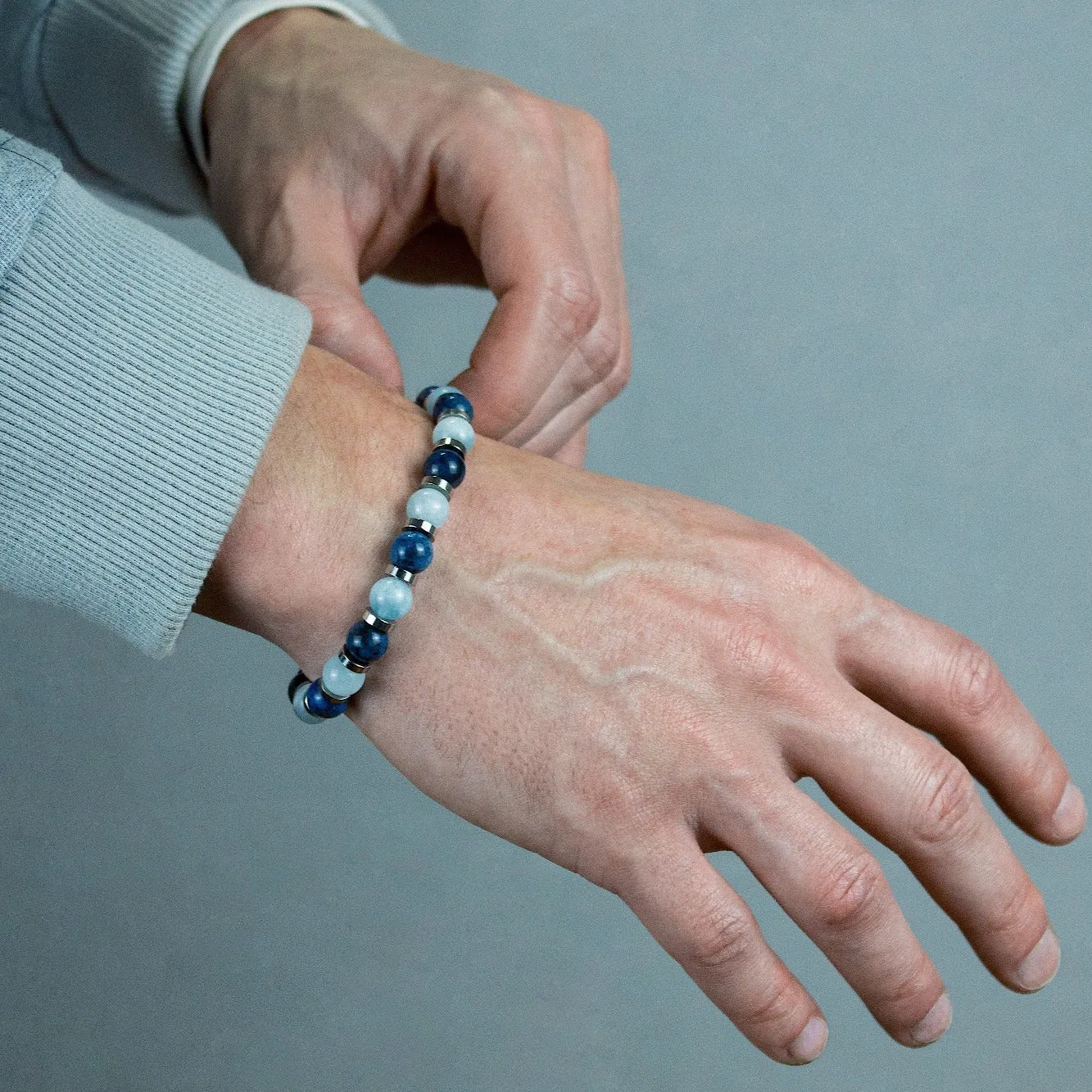 Men's Leadership Bracelet with Dumortierite Blue, Hematite, Aquamarine & Silver Steel for Growth