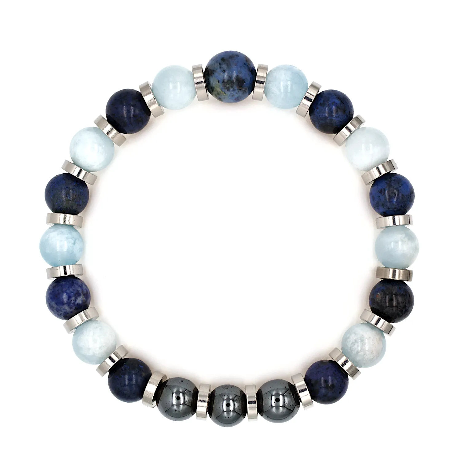 Men's Leadership Bracelet with Dumortierite Blue, Hematite, Aquamarine & Silver Steel for Growth