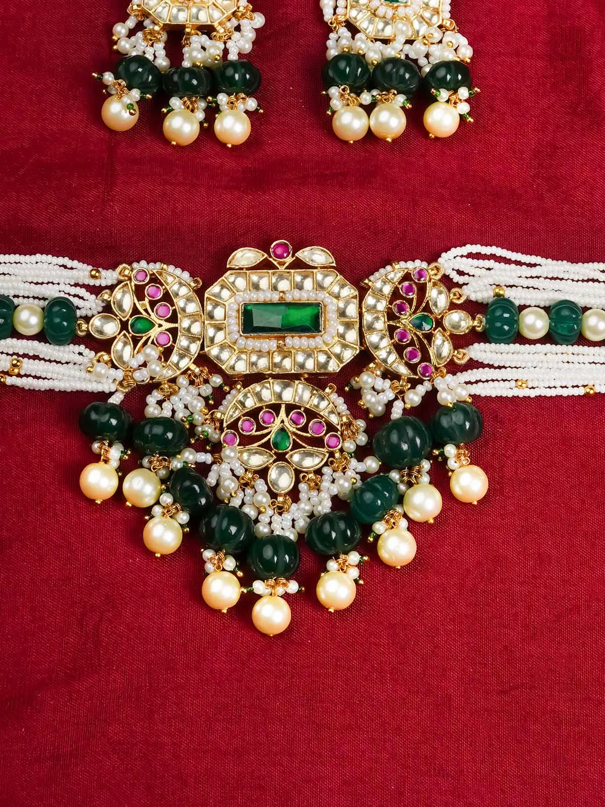 Multicolor Gold Plated Jadau Kundan Necklace Set - MS1399MC