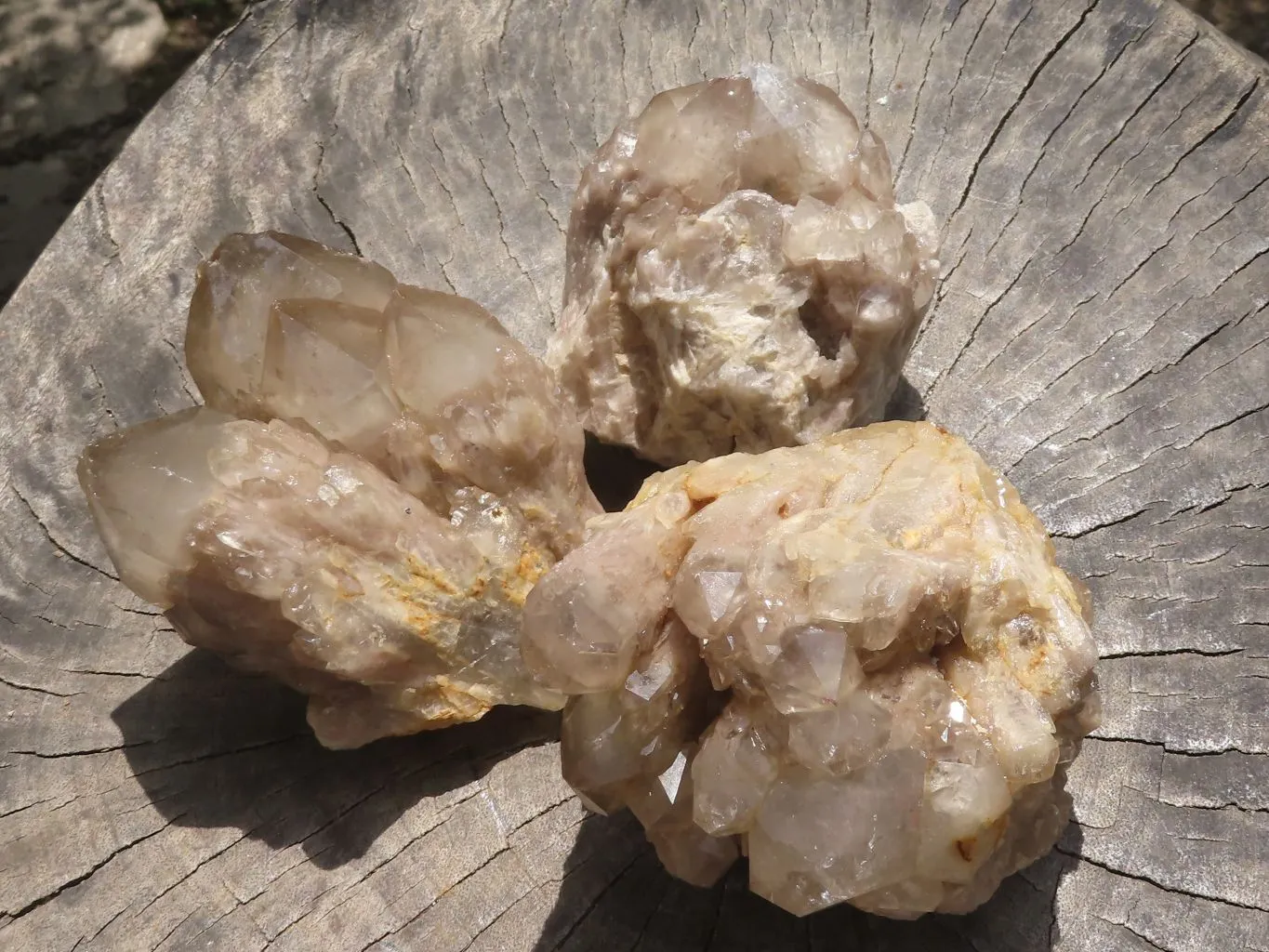 Natural Smokey White Phantom Quartz Clusters x 3 From Luena, Congo