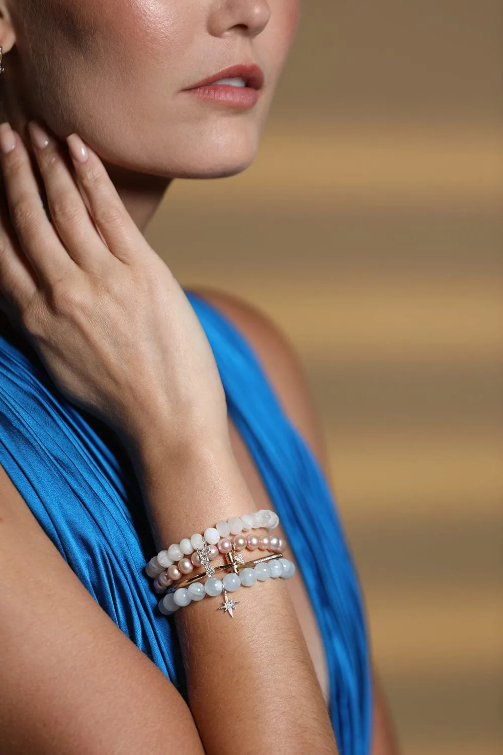 Pave Starburst Aquamarine Bead Bracelet