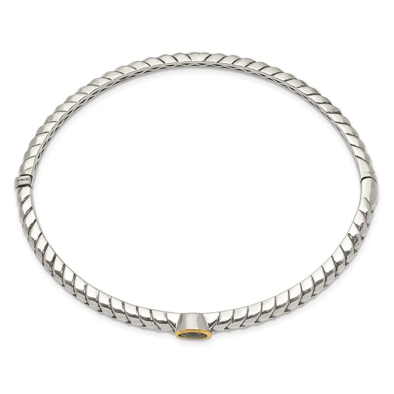 Shey Couture Sterling Silver with 14K Accent Peridot Round Bezel Hinged Bangle Bracelet QTC139