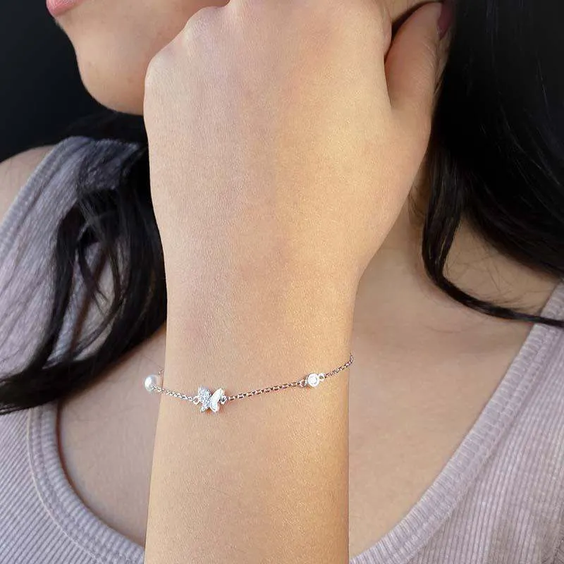 Silver Dainty Butterfly Pearl Bracelet