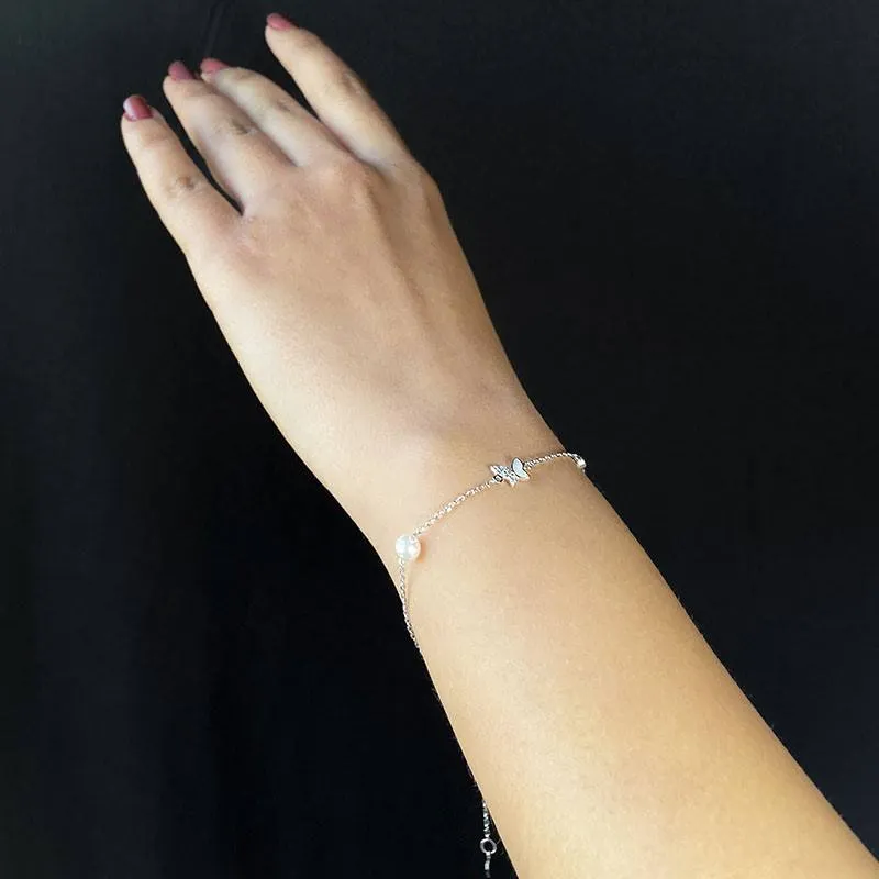 Silver Dainty Butterfly Pearl Bracelet