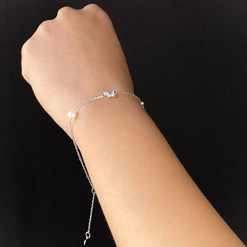 Silver Dainty Butterfly Pearl Bracelet