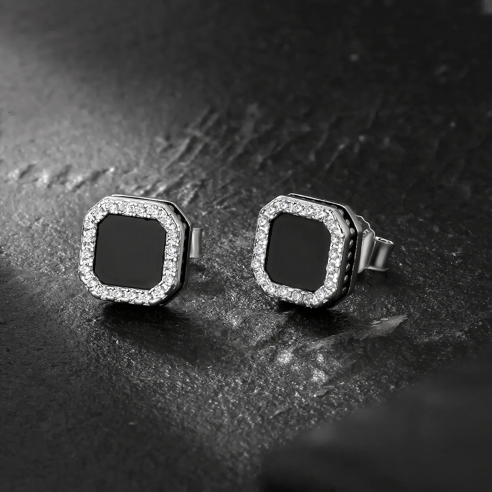 Square Black Onyx Iced Diamond Stud Earrings for Men