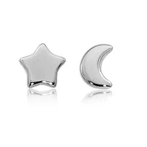 Sterling Silver 8mm Flat Star & Moon Stud Earrings