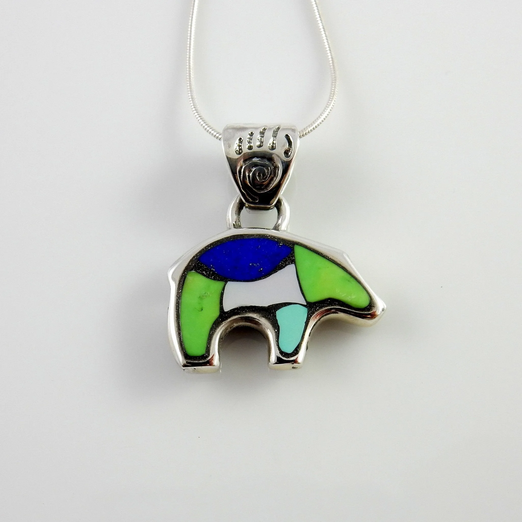 Sterling Silver Multi-stone Mosaic Inlay Bear Pendant