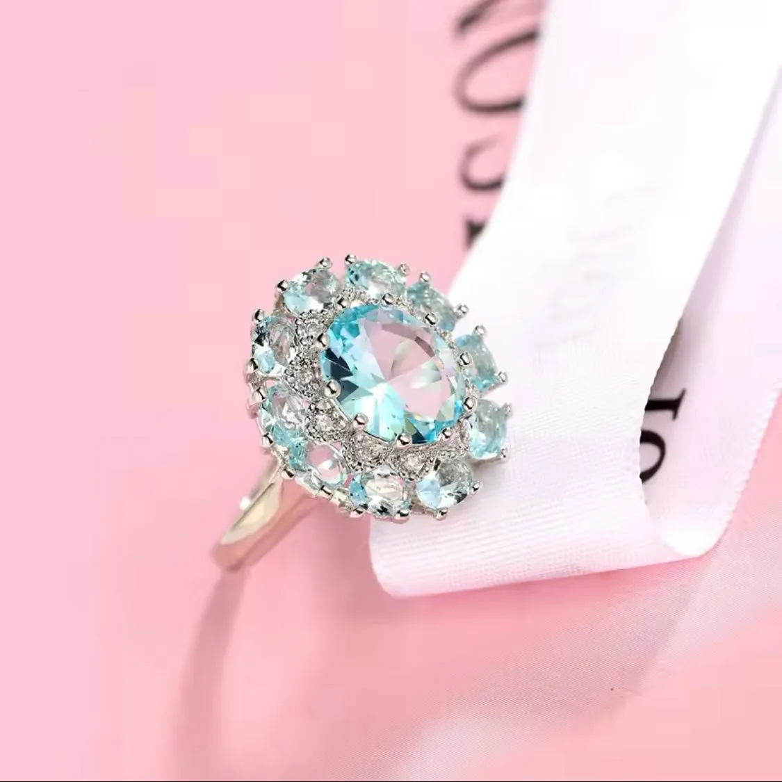 Stunning Round Aquamarine Zircon Sterling Silver Statement Ring Multi Stone New