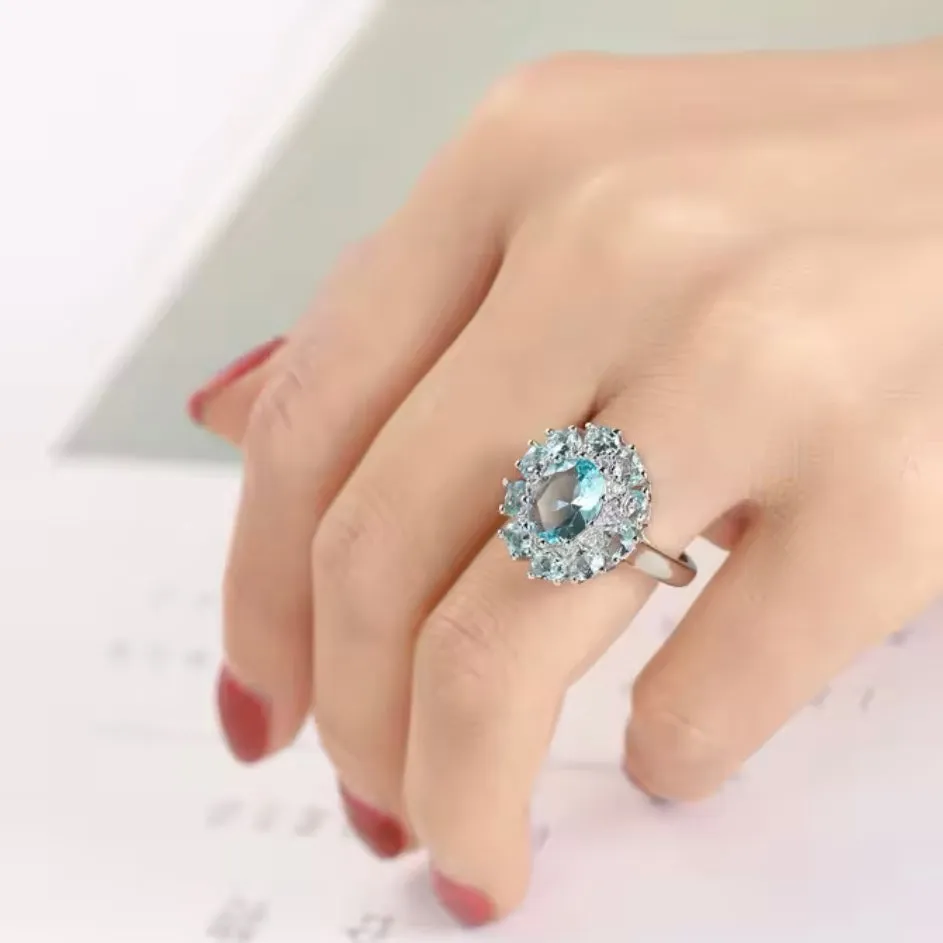 Stunning Round Aquamarine Zircon Sterling Silver Statement Ring Multi Stone New