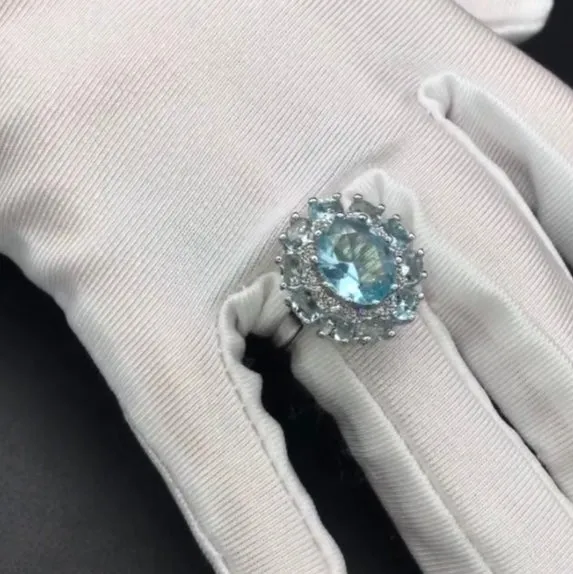 Stunning Round Aquamarine Zircon Sterling Silver Statement Ring Multi Stone New
