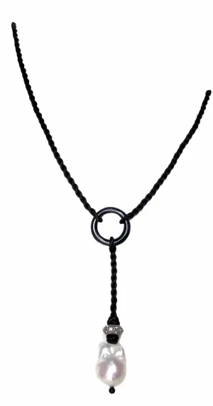 White Baroque Pearl and Black Agate Y Shape Necklace